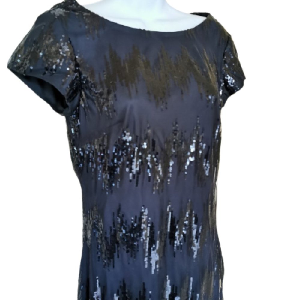 LE CAHTEAU  Black Sequined Party Cocktail Evening Dress Size Small